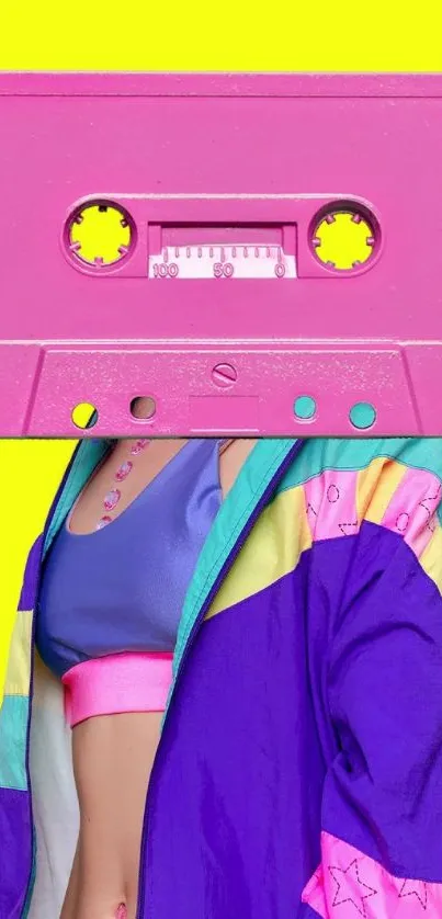 Retro cassette head with vibrant neon fashion.