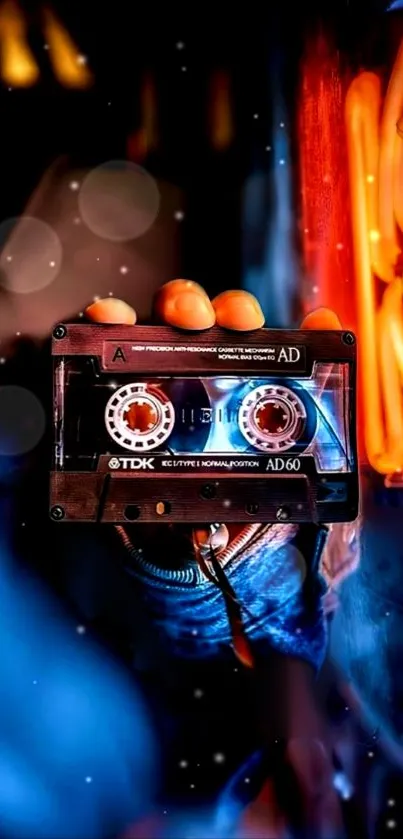 Vibrant retro cassette with neon glow on mobile wallpaper.