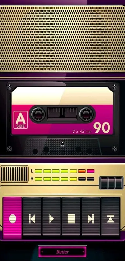 Retro cassette player design with vibrant colors on a phone wallpaper.