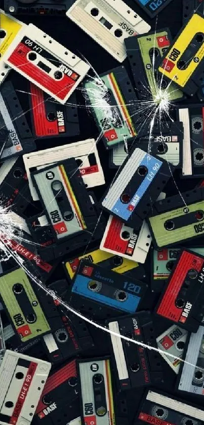 Retro cassette tapes scattered on a black background wallpaper.