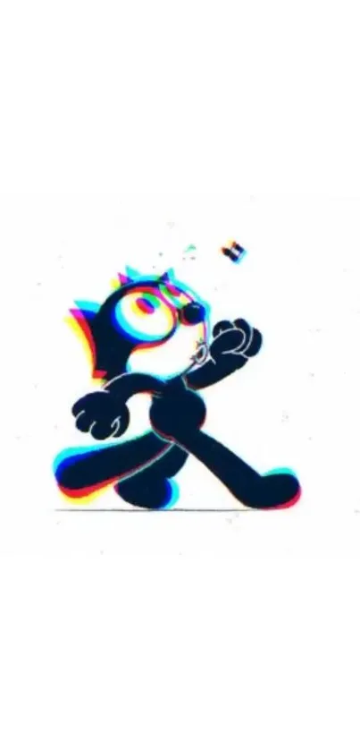 Retro cat character with glitch art style on white background.