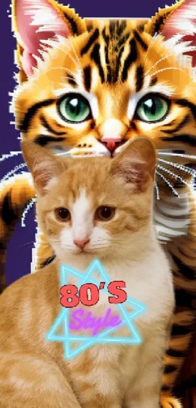 Cute retro cat duo with '80s style graphic on mobile wallpaper.