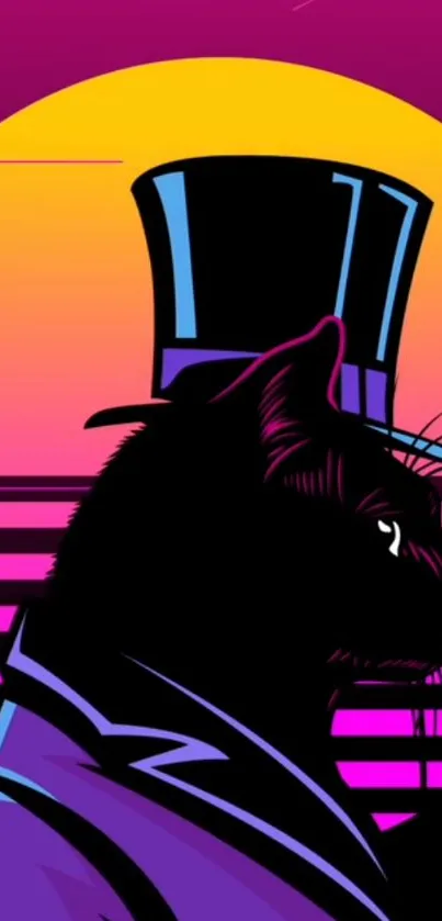 Retro cat in top hat with neon sunset and purple hues.