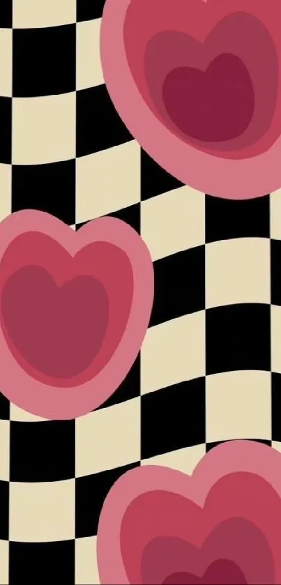 Retro checkered wallpaper with pink hearts and vintage design.