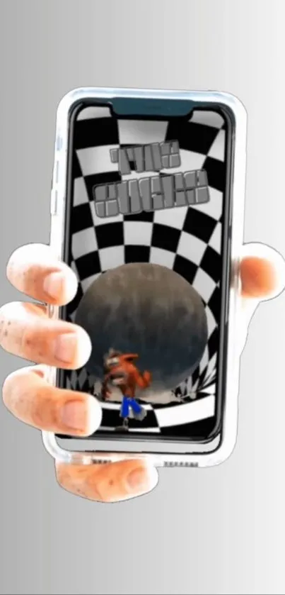 Hand holding a phone with checkered design.