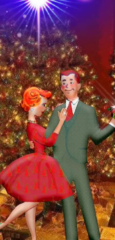 Retro couple dancing by a Christmas tree.