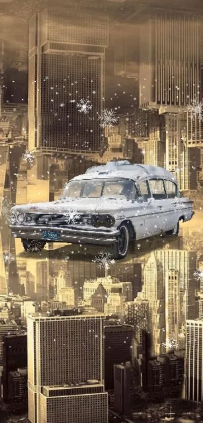 Surreal cityscape with floating vintage car in a golden hue.