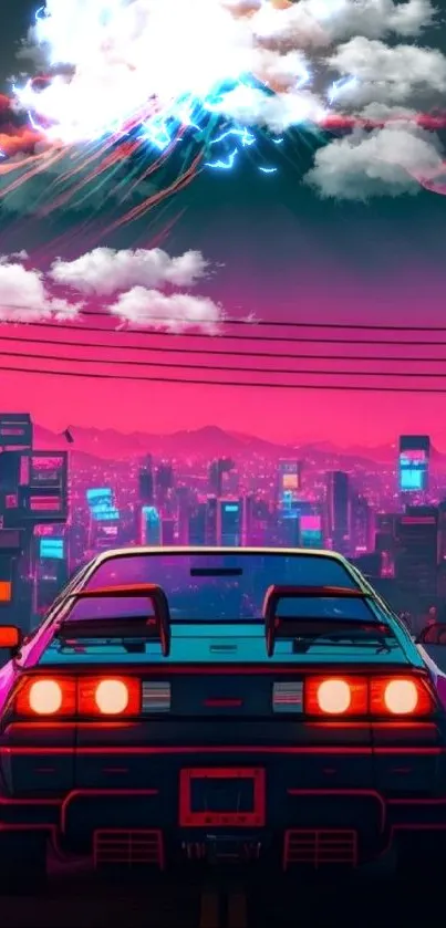 Retro neon cityscape with a classic car and mountain under moonlight.