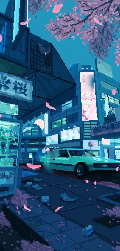 Pixel art of a vibrant retro cityscape at night with neon lights and a car.