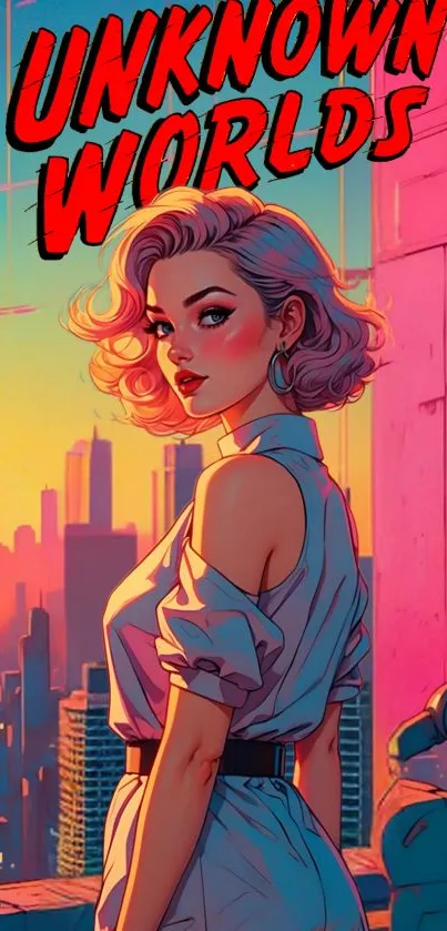 Retro style woman in a futuristic cityscape with vibrant colors and a robot.