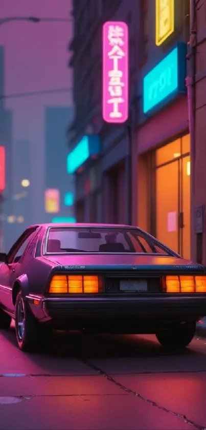 Retro cityscape with neon lights and vintage car on urban street.