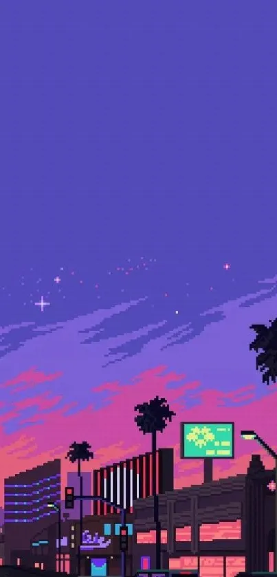 Retro pixel art cityscape with vibrant purple sky and sunset.