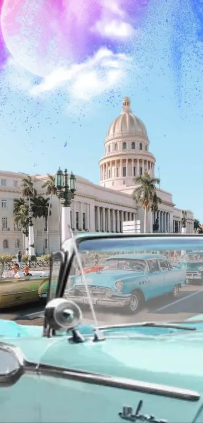 Retro cityscape with classic vintage cars under a colorful sky.