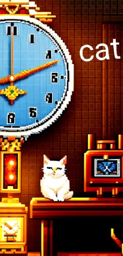 Pixel art wallpaper of a clock and cats with warm colors.