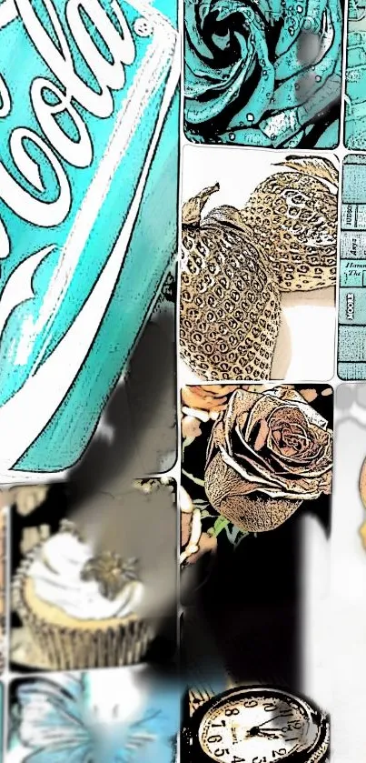 Retro collage with teal elements featuring Coca-Cola, roses, and vintage items.