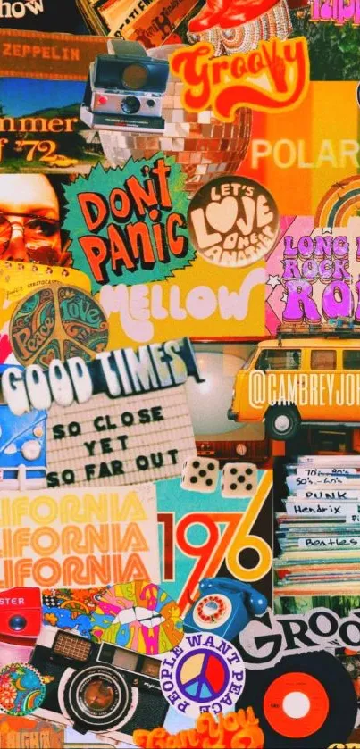 Retro 1970s collage wallpaper with colorful, hippie, and vintage elements.