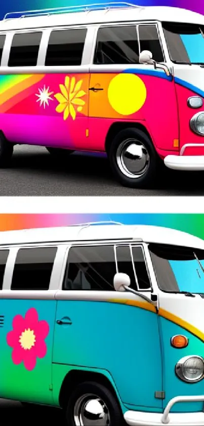 Retro vibrant camper vans with a colorful gradient background.