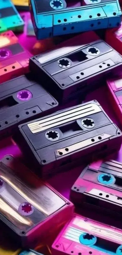 Colorful retro cassette tapes on a vibrant background.