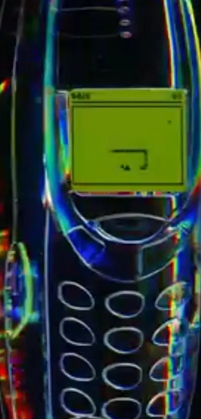 Colorful retro mobile phone with vibrant display and translucent design.