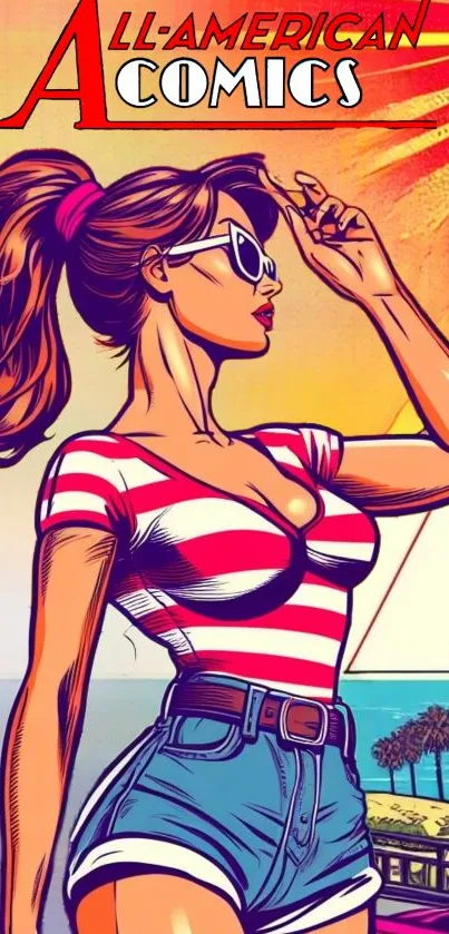 Vintage comic style woman with sunglasses on beach.