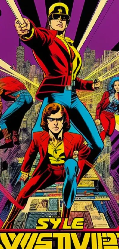 Vibrant retro comic wallpaper with superheroes and cityscape.