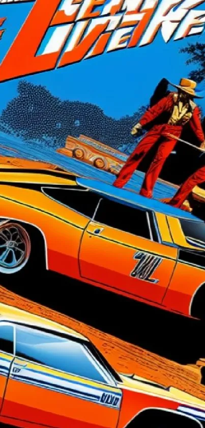 Dynamic retro comic-style wallpaper with vibrant orange cars and adventurous figures.