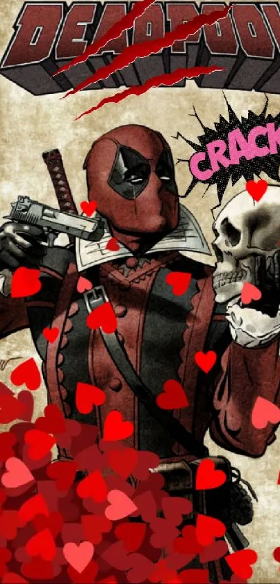 Vintage comic-style Deadpool wallpaper with hearts and skull.