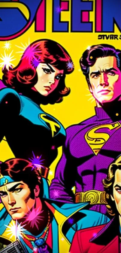 Retro comic heroes phone wallpaper, vibrant and colorful design.