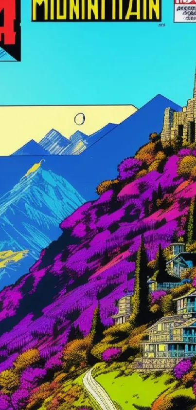 Vibrant retro comic mountain landscape in purple hues.