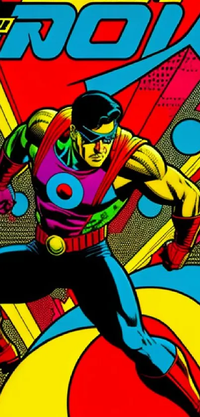 Vibrant retro comic hero on a colorful mobile wallpaper.