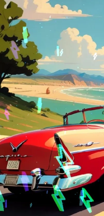 Illustrated red convertible on scenic coastal drive with bright sky.