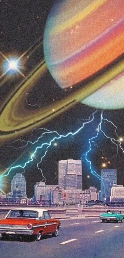 Retro futuristic wallpaper with planets, lightning, and vintage cars.