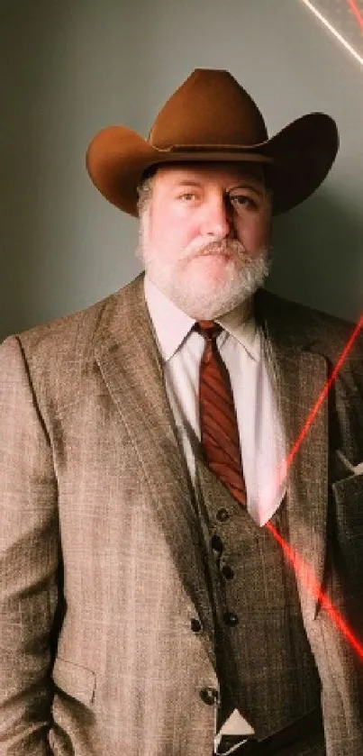 Elegant man in cowboy hat with vintage suit posing by a wall.