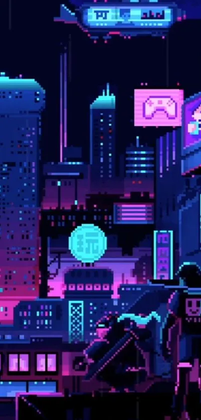 Retro cyberpunk cityscape with neon lights and futuristic skyline in pixel art.