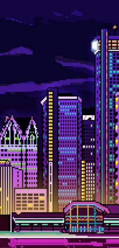 Pixel art of a vibrant cyberpunk city skyline with neon lights.