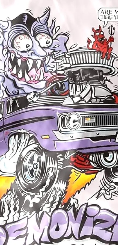 Vintage demon car with graffiti art in purple tones.