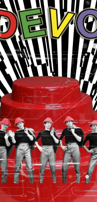 Devo band members with red hats and retro design elements.