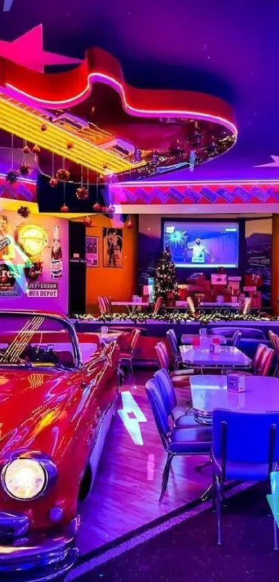 Vibrant retro diner with neon lights and a classic red car.