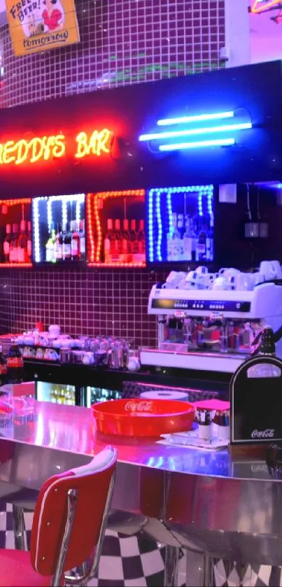 Retro diner with neon lights and red bar stools.