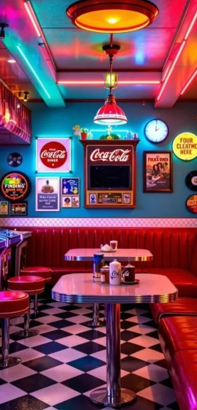 Neon-lit retro diner with classic signs and red booths.