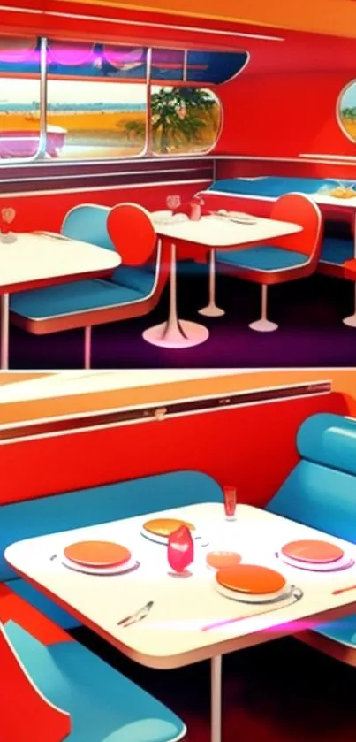 A vibrant retro diner wallpaper with bold colors and vintage furniture.