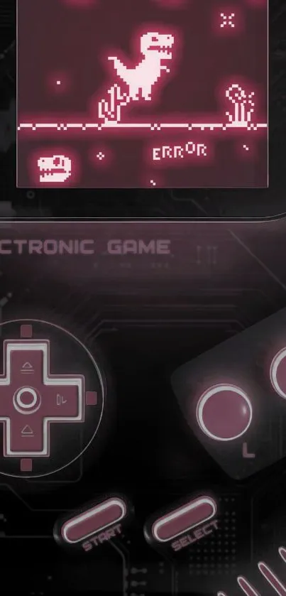 Retro pixel dinosaur game console wallpaper with dark pink tones.