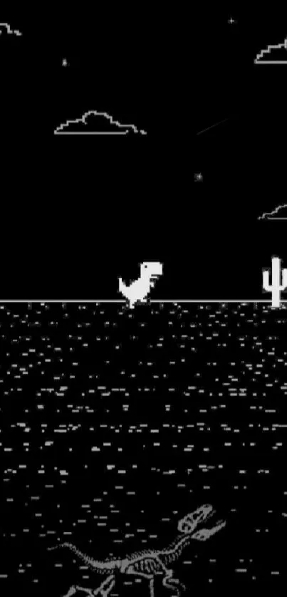 Black and white retro dinosaur game scene wallpaper.