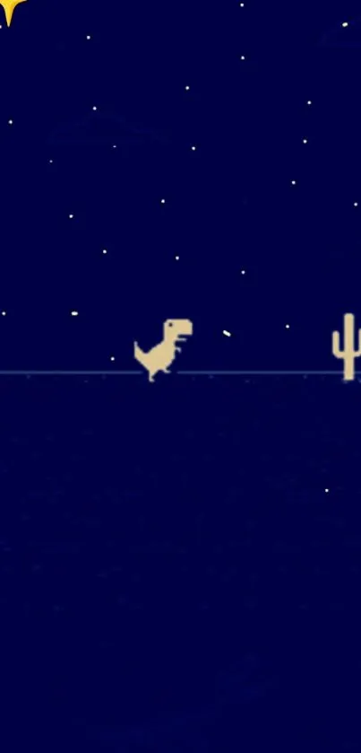 Pixel dinosaur under starry night sky on mobile wallpaper.