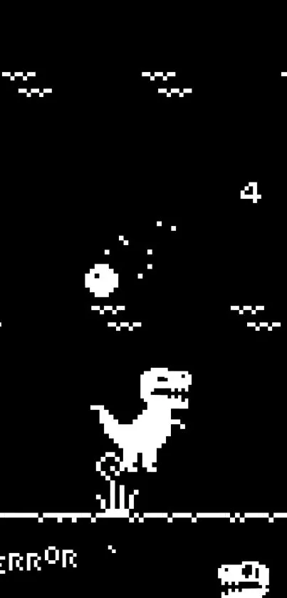 Retro pixel art dinosaur mobile wallpaper in black and white design.