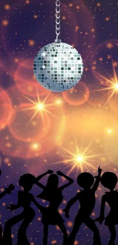 Silhouette of dancers under a disco ball with sparkling lights.