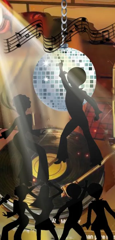 Silhouettes dancing under a disco ball.