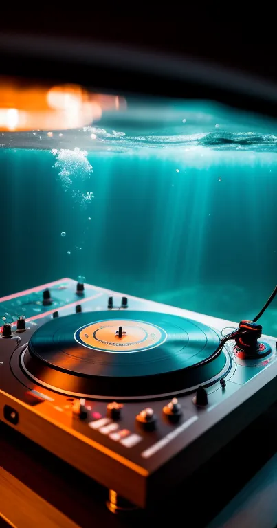 DJ turntable with ambient underwater light creating a serene, musical atmosphere.