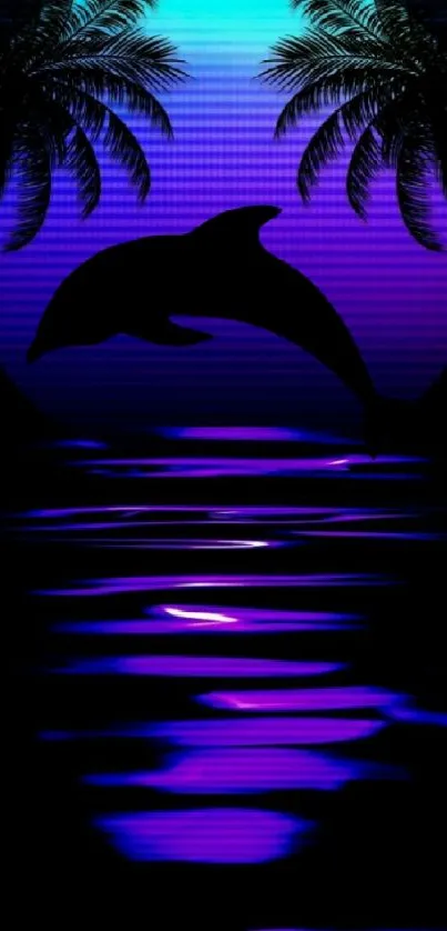 Neon dolphin jumps over purple moonlit sea, framed by palm trees.