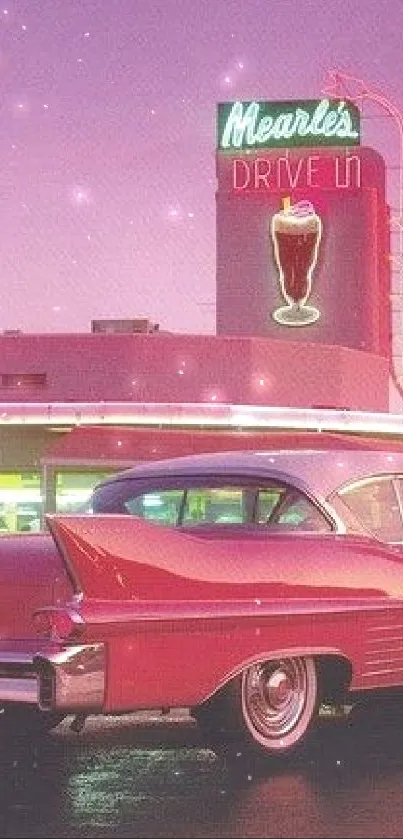 Vintage car at 1950s drive-in, purple-pink twilight.